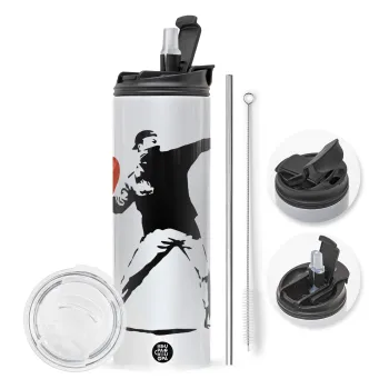 Banksy (The heart thrower), Travel Tumbler θερμό με διπλό καπάκι, μεταλλικό καλαμάκι και βούρτσα καθαρισμού (Ανωξείδωτο 304 Food grade, BPA free, 600ml)