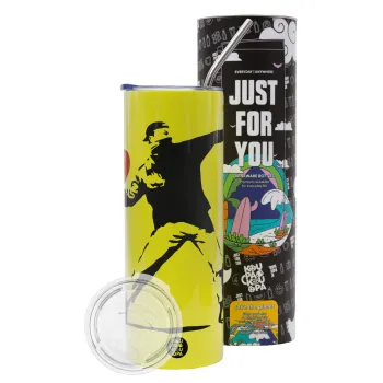 Banksy (The heart thrower), Neon Yellow Travel Tumbler θερμό, μεταλλικό καλαμάκι(Ανωξείδωτο 304 Food grade, BPA free, 600ml)