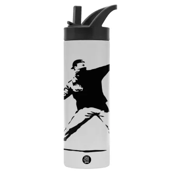 Banksy (The heart thrower), Μεταλλικό παγούρι θερμός με καλαμάκι & χειρολαβή, ανοξείδωτο ατσάλι (Stainless steel 304), διπλού τοιχώματος, 600ml