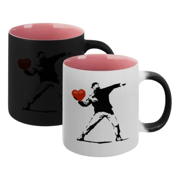 Banksy (The heart thrower), Κούπα Μαγική εσωτερικό ΡΟΖ, κεραμική 330ml που αλλάζει χρώμα με το ζεστό ρόφημα