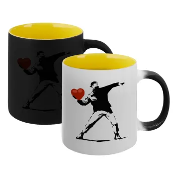 Banksy (The heart thrower), Κούπα Μαγική εσωτερικό κίτρινη, κεραμική 330ml που αλλάζει χρώμα με το ζεστό ρόφημα