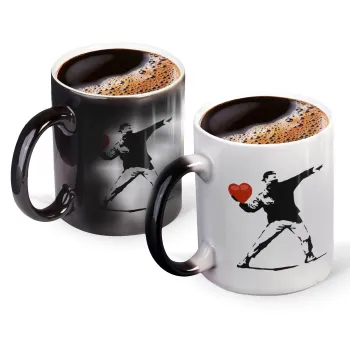 Banksy (The heart thrower), Color changing magic Mug, ceramic, 330ml when adding hot liquid inside, the black colour desappears (1 pcs)