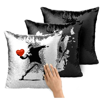 Banksy (The heart thrower), Μαξιλάρι καναπέ Μαγικό Μαύρο με πούλιες 40x40cm περιέχεται το γέμισμα