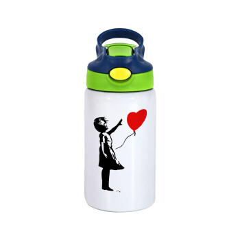 Banksy (Hope), Children's hot water bottle, stainless steel, with safety straw, green, blue (350ml)