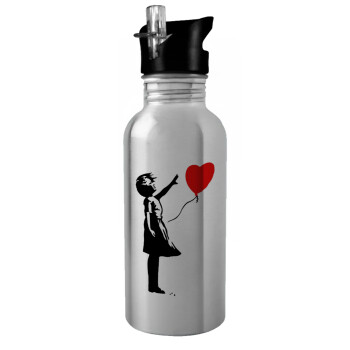 Banksy (Hope), Water bottle Silver with straw, stainless steel 600ml