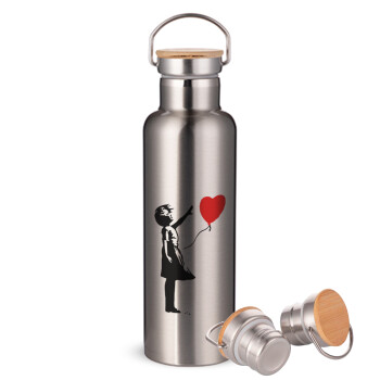Banksy (Hope), Stainless steel Silver with wooden lid (bamboo), double wall, 750ml