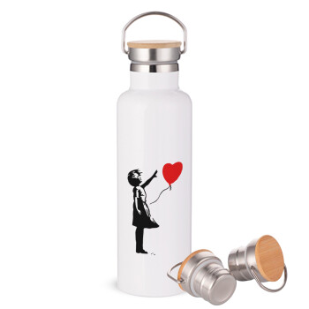 Banksy (Hope), Stainless steel White with wooden lid (bamboo), double wall, 750ml