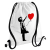 Banksy (Hope), Τσάντα πλάτης πουγκί GYMBAG λευκή, με τσέπη (40x48cm) & χονδρά κορδόνια