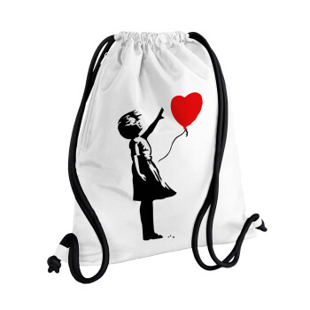 Banksy (Hope), Τσάντα πλάτης πουγκί GYMBAG λευκή, με τσέπη (40x48cm) & χονδρά κορδόνια