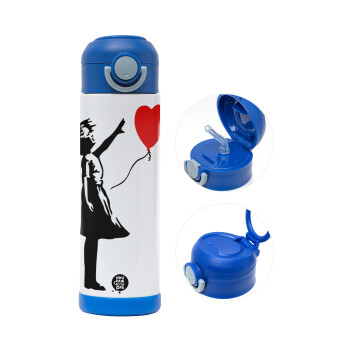 Banksy (Hope), Παιδικό παγούρι θερμό, ανοξείδωτο, με καλαμάκι ασφαλείας, ΜΠΛΕ (500ml)