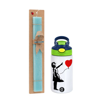 Banksy (Hope), Easter Set, Children's thermal stainless steel bottle with safety straw, green/blue (350ml) & aromatic flat Easter candle (30cm) (TURQUOISE)