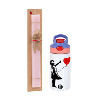Banksy (Hope), Easter Set, Children's thermal stainless steel water bottle with safety straw, pink/purple (350ml) & Easter scented flat candle (30cm) (PINK)