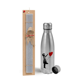 Banksy (Hope), Easter Set, metallic Inox water bottle (750ml) & aromatic flat Easter candle (30cm) (GRAY)