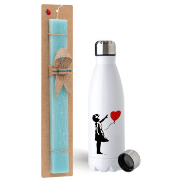 Banksy (Hope), Easter Set, metallic stainless steel water bottle (750ml) & aromatic flat Easter candle (30cm) (TURQUOISE)