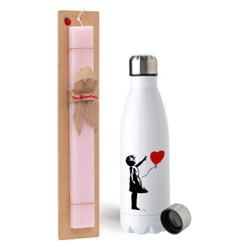 Banksy (Hope), Easter Set, metallic stainless steel water bottle (750ml) & scented flat Easter candle (30cm) (PINK)
