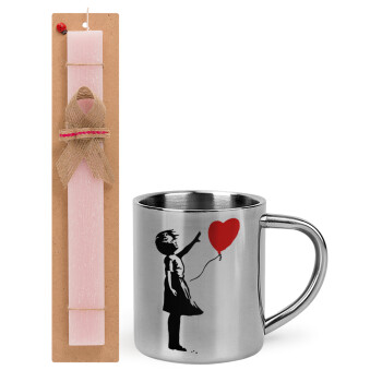 Banksy (Hope), Easter Set, metallic thermal cup (300ml) & aromatic flat Easter candle (30cm) (PINK)