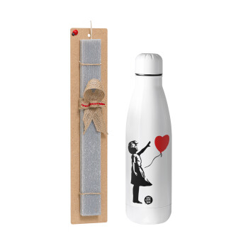 Banksy (Hope), Easter Set, metallic stainless thermos bottle (500ml) & scented flat Easter candle (30cm) (GRAY)