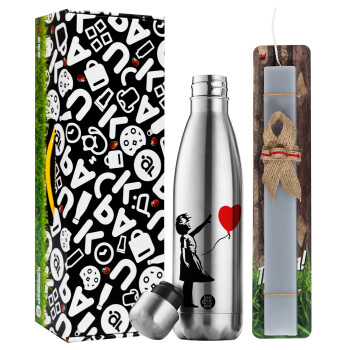 Banksy (Hope), Easter Set, metallic stainless thermos flask (500ml) & scented flat Easter candle (30cm) (GRAY)
