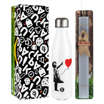 Banksy (Hope), Easter candle, metallic white thermos bottle (500ml) & aromatic flat candle (30cm) (GRAY)