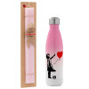 Easter Set, Metallic pink/white (Stainless steel) thermos, double-walled, 500ml & aromatic flat Easter candle (30cm) (PINK)