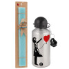 Easter Set, metallic silver aluminum water bottle (500ml) & scented flat Easter candle (30cm) (TURQUOISE)