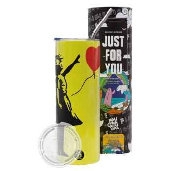 Banksy (Hope), Neon Yellow Travel Tumbler, with metal straw (Stainless steel 304 Food grade, BPA free, 600ml)