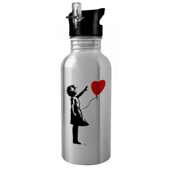 Banksy (Hope), Water bottle Silver with straw, stainless steel 600ml