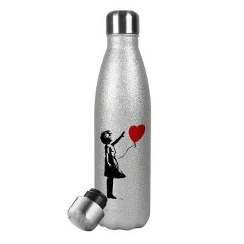 Banksy (Hope), Metallic Glitter Silver Thermos Flask (Stainless steel), double-walled, 500ml