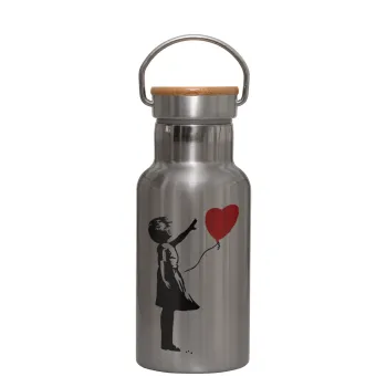 Banksy (Hope), Μεταλλικό παγούρι θερμός (Stainless steel) Ασημένιο με ξύλινο καπακι (bamboo), διπλού τοιχώματος, 350ml