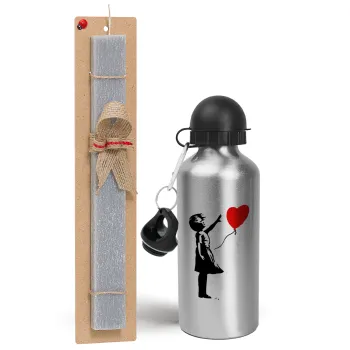 Banksy (Hope), Πασχαλινή Λαμπάδα με παγούρι μεταλλικό Ασημένιο αλουμινίου (500ml) & κερί αρωματικό πλακέ (30cm) (ΓΚΡΙ)