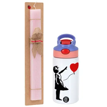 Banksy (Hope), Easter Set, Children's thermal stainless steel water bottle with safety straw, pink/purple (350ml) & Easter scented flat candle (30cm) (PINK)