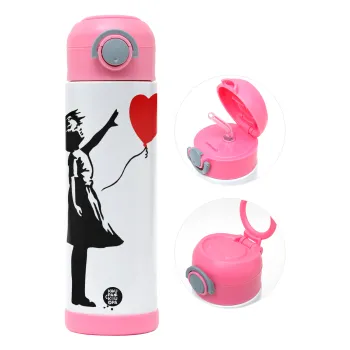 Banksy (Hope), Παιδικό παγούρι θερμό, ανοξείδωτο, με καλαμάκι ασφαλείας, ΡΟΖ (500ml)