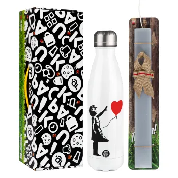 Banksy (Hope), Easter candle, metallic white thermos bottle (500ml) & aromatic flat candle (30cm) (GRAY)