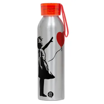 Banksy (Hope), Αλουμινένιο Αθλητικό Μπουκάλι 650ml – Ασημί με Κόκκινο Καπάκι και Λουράκι Σιλικόνης