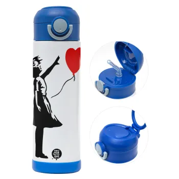 Banksy (Hope), Παιδικό παγούρι θερμό, ανοξείδωτο, με καλαμάκι ασφαλείας, ΜΠΛΕ (500ml)