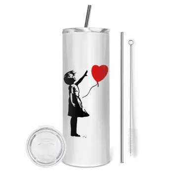 Banksy (Hope), Tumbler ποτήρι θερμό από ανοξείδωτο ατσάλι 600ml, με μεταλλικό καλαμάκι & βούρτσα καθαρισμού