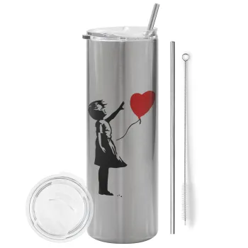 Banksy (Hope), Tumbler ποτήρι θερμό Ασημένιο από ανοξείδωτο ατσάλι 600ml, με μεταλλικό καλαμάκι & βούρτσα καθαρισμού