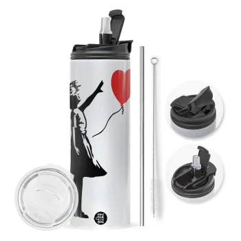 Banksy (Hope), Travel Tumbler θερμό με διπλό καπάκι, μεταλλικό καλαμάκι και βούρτσα καθαρισμού (Ανωξείδωτο 304 Food grade, BPA free, 600ml)