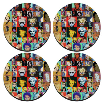 Warhol pop art, ΣΕΤ 4 Σουβέρ ξύλινα στρογγυλά (9cm)