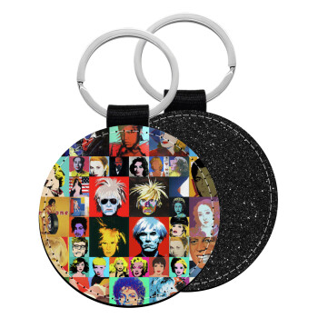 Warhol pop art, Μπρελόκ Δερματίνη, στρογγυλό ΜΑΥΡΟ (5cm)