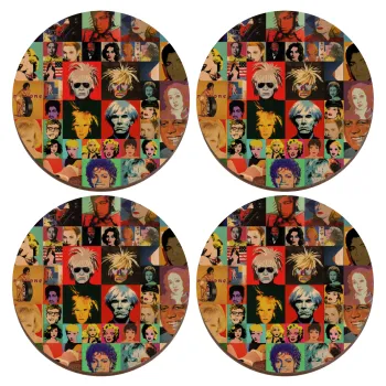 Warhol pop art, ΣΕΤ x4 Σουβέρ ξύλινα στρογγυλά plywood (9cm)