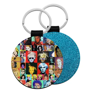 Warhol pop art, Μπρελόκ Δερματίνη, στρογγυλό ΜΠΛΕ (5cm)