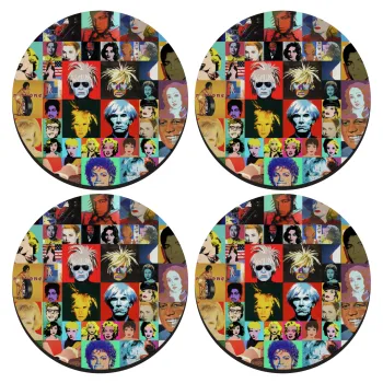 Warhol pop art, SET of 4 round wooden coasters (9cm)