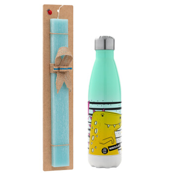 t-rex , Easter Set, Metallic green/white thermos (Stainless steel), double-walled, 500ml & scented flat Easter candle (30cm) (TURQUOISE)