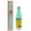 Easter Set, Metallic green/white thermos (Stainless steel), double-walled, 500ml & scented flat Easter candle (30cm) (TURQUOISE)