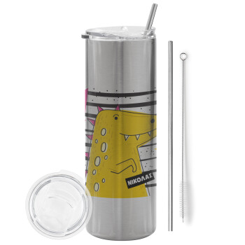 t-rex , Eco friendly stainless steel Silver tumbler 600ml, with metal straw & cleaning brush