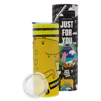 t-rex , Neon Yellow Travel Tumbler θερμό, μεταλλικό καλαμάκι(Ανωξείδωτο 304 Food grade, BPA free, 600ml)