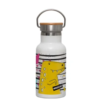t-rex , Metallic thermos (Stainless steel) White with wooden lid (bamboo), double-walled, 350ml