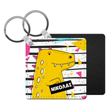 t-rex , Μπρελόκ Δερματίνη, τετράγωνο ΜΑΥΡΟ (5x5cm)