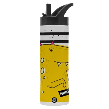 t-rex , Μεταλλικό παγούρι θερμός με καλαμάκι & χειρολαβή, ανοξείδωτο ατσάλι (Stainless steel 304), διπλού τοιχώματος, 600ml